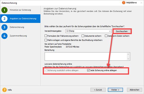 Screenshot Lexware datensicherung online Schritt 2.1