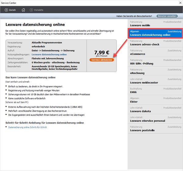 Screenshot Lexware datensicherung online Schritt 2 